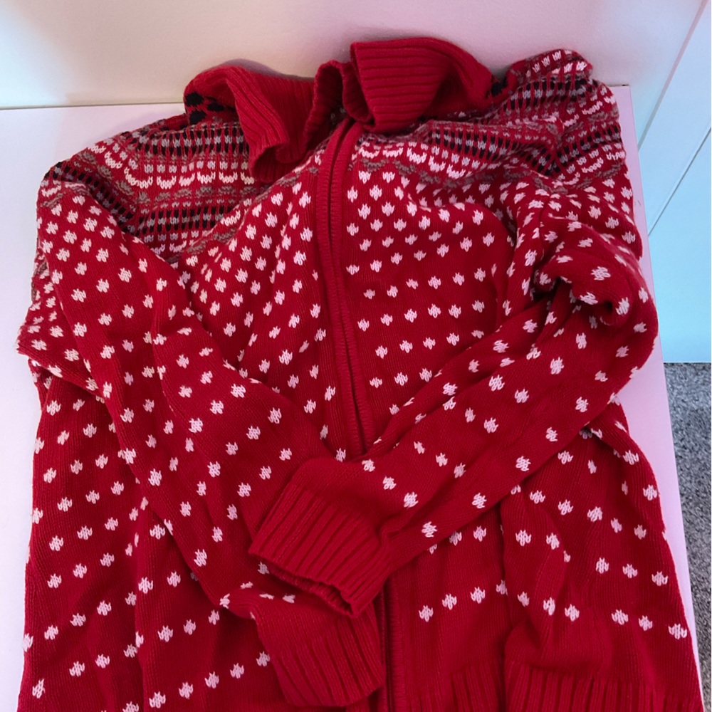 red patterned sweater zip up